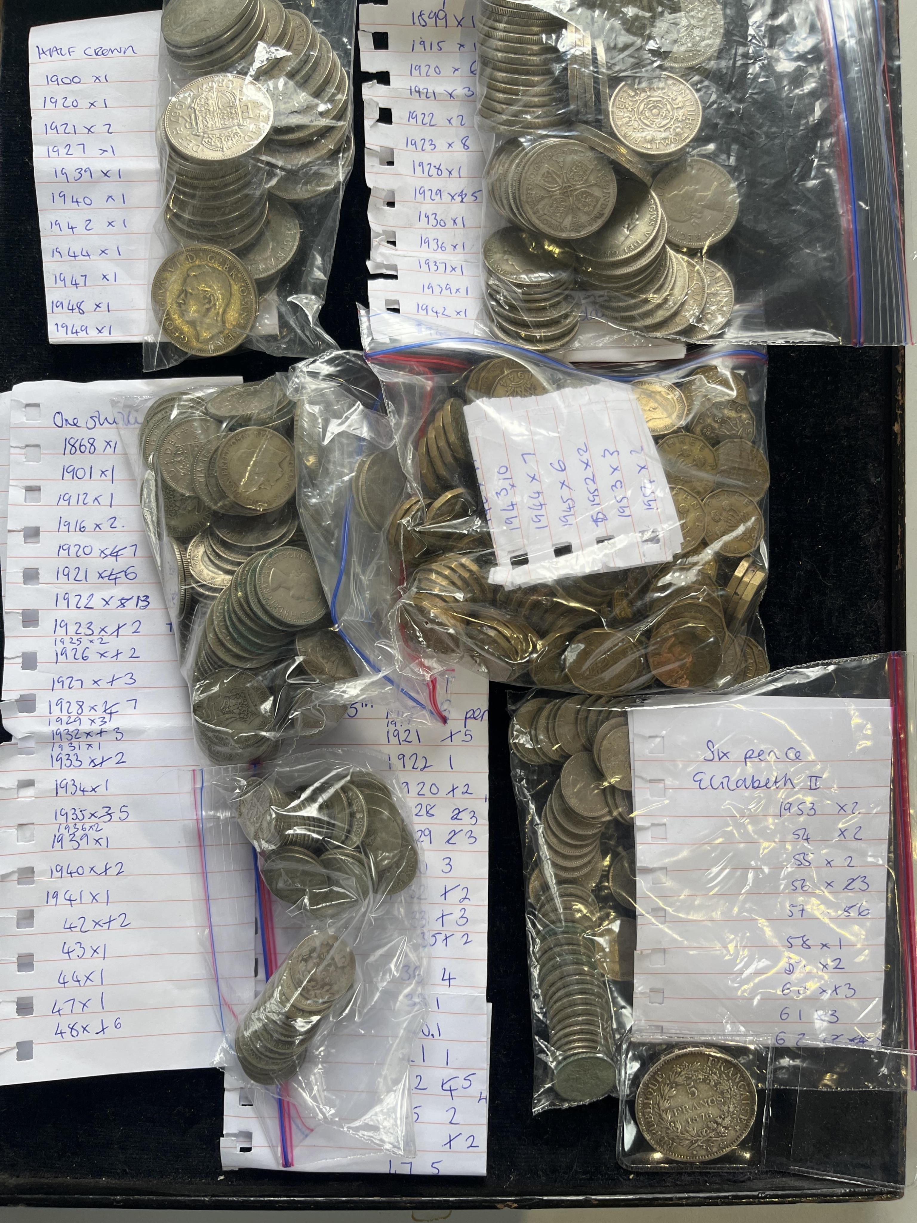 British coins, Victoria to Elizabeth II, comprising halfcrowns, shillings, florins, sixpences, silver and brass threepences, together with a Republic of France five francs , 1876
